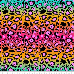 Peut inclure: Un motif sans couture représentant un imprimé léopard avec un dégradé de couleurs, allant du turquoise au jaune, puis à l'orange et se terminant par du rose.