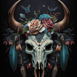 May include: A white animal skull with large horns adorned with pink and blue flowers, green leaves, and blue feathers. The skull has intricate patterns and designs painted on it.