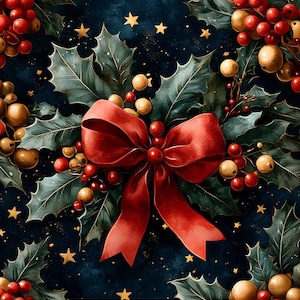 May include: A red velvet bow with gold and red berries and holly leaves on a dark blue background with gold stars.