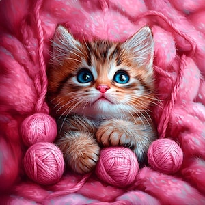 Cat in pink yarn - upholstery velvet panel - fabric for a pillowcase - different sizes