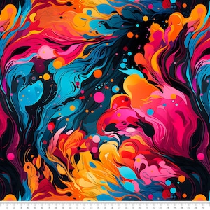 Könnte beinhalten: Abstrakter digitaler Kunstdruck mit wirbelnden, farbenfrohen Mustern in Blautönen, Rosa, Orange und Gelb auf schwarzem Hintergrund.