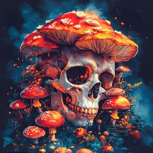 May include: A skull with a large red and orange mushroom growing on top of it. The skull is surrounded by smaller mushrooms in various shades of red and orange. The background is a dark blue with hints of purple and green.