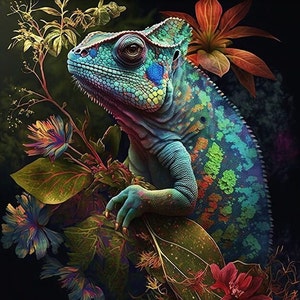 Könnte beinhalten: Ein leuchtend blaues und grünes Chamäleon, das auf einem Ast mit bunten Blumen und Blättern sitzt. Die Haut des Chamäleons hat eine strukturierte, schuppige Oberfläche und seine Augen sind groß und schwarz.