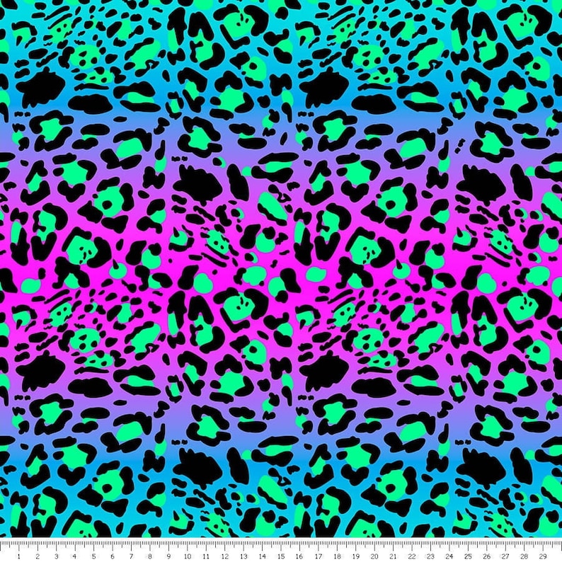 May include: A seamless pattern featuring a leopard print design with a gradient of blue, purple, and pink colors. The spots are a bright green color.