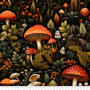 May include: A seamless pattern featuring red and white mushrooms, ferns, and other foliage on a black background. The mushrooms are various sizes and shapes, with some having white spots. The foliage is in shades of green and brown.