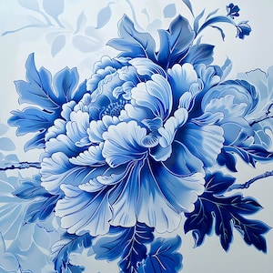 May include: A blue and white floral design with a large, stylized peony flower. The flower has a delicate, layered design with intricate details. The background is a light blue.
