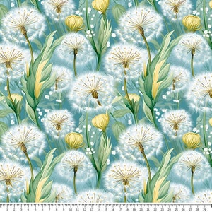 Puede incluir: Un patrón sin costuras que presenta flores blancas de diente de león con semillas esponjosas sobre un fondo azul claro. Los dientes de león están rodeados de hojas verdes y pequeñas flores blancas.