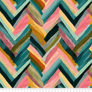 Op de afbeelding: Een stofpatroon met een visgraatindeling van penseelstreekachtige banden in teal, roze, mosterdgeel en donkergroen. Sommige secties bevatten zwarte stippeltexturen. Een liniaal aan de onderkant toont een schaal van 29 cm.
