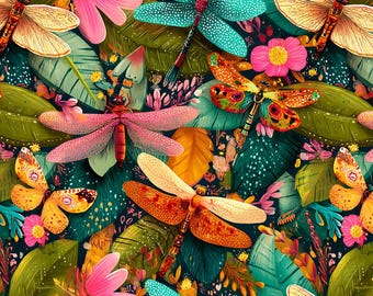 Colorful Dragonflies - Jersey Cotton fabric