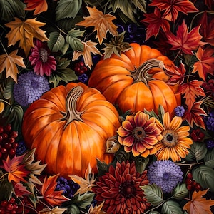 May include: Two orange pumpkins with green stems surrounded by autumn foliage, including red, orange, and purple flowers. The pumpkins are nestled among leaves and berries.