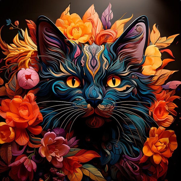 Chat en fleurs - Panneau en velours - Tissu 47x47cm pour taie d'oreiller