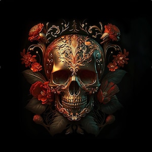 Può includere: Un teschio dorato con intricati disegni floreali e fiori rossi. Il teschio è circondato da foglie e viti verde scuro.
