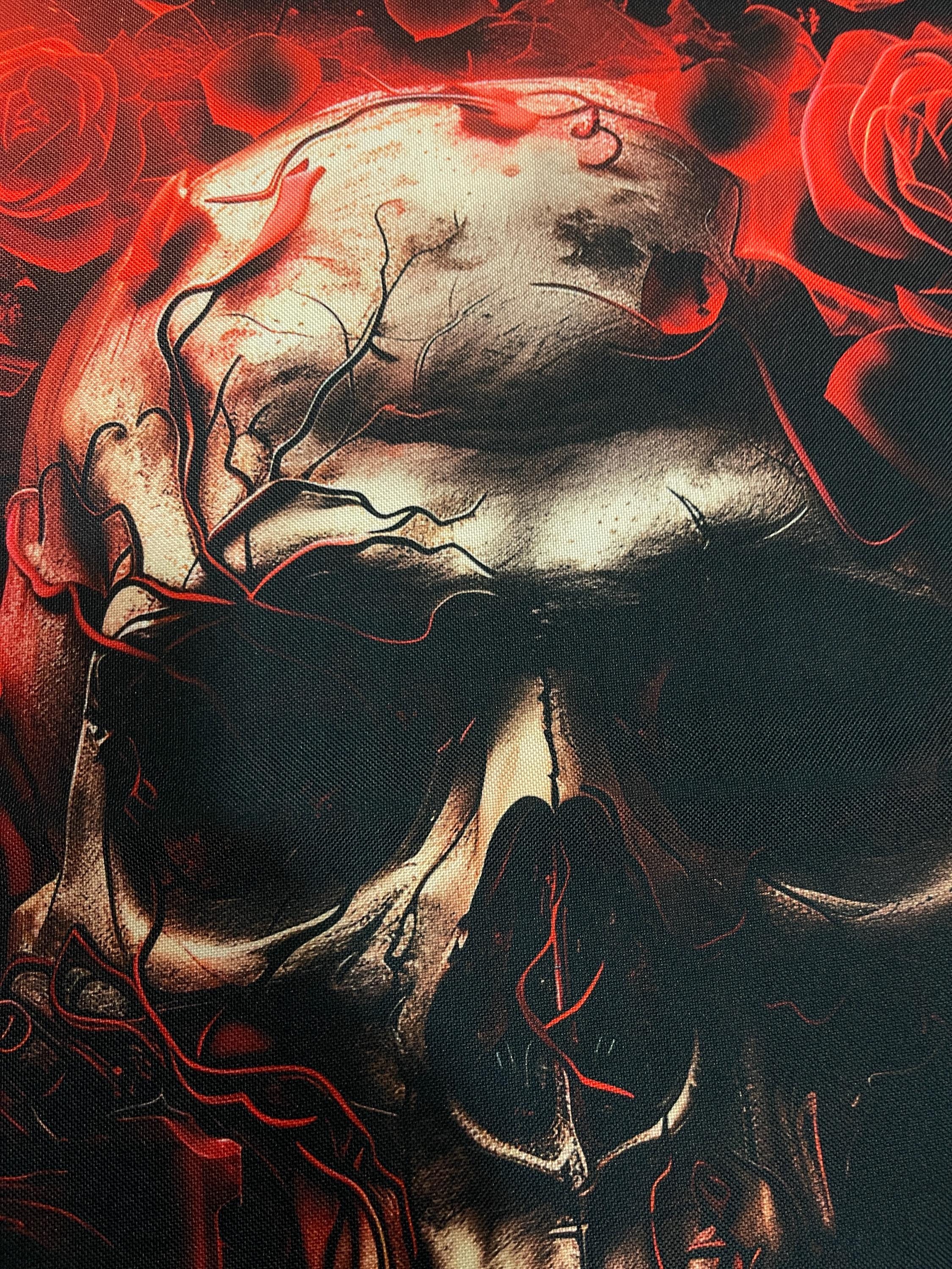 Skull With Red Roses - Waterproof Fabric Panel for a Bag
