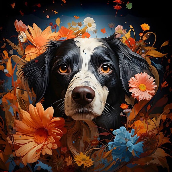Border collie in flowers 2 - waterproof fabric panel for a bag