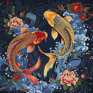 Może przedstawiać: Dwa złote i pomarańczowe karpie koi pływające w niebiesko-białym wzorze wody z kwiatowymi akcentami. Tło jest ciemnoniebieskie z kwiatowym wzorem.