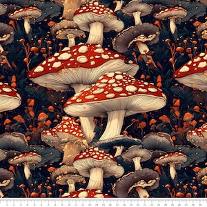 May include: A repeating pattern featuring red and white spotted mushrooms with white stems and dark grey caps. The mushrooms are set against a dark background with orange and green foliage. The image has a vintage, illustrated style.