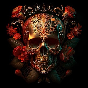 Peut inclure: Un crâne doré avec des motifs floraux complexes, entouré de fleurs rouges sur un fond noir.