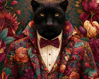 Eleganter schwarzer Panther im Anzug – Samtbezug – Stoff für einen Kissenbezug – verschiedene Größen