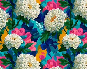 White Peonies on a colorful background - Jersey Cotton fabric