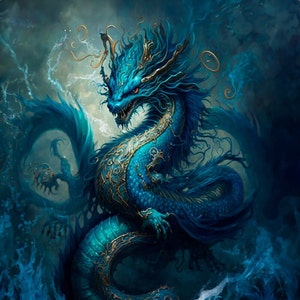 Peut inclure: Un dragon bleu et or avec des détails complexes, sur un fond bleu et gris tourbillonnant. Le dragon a une expression féroce et est représenté avec une présence puissante.