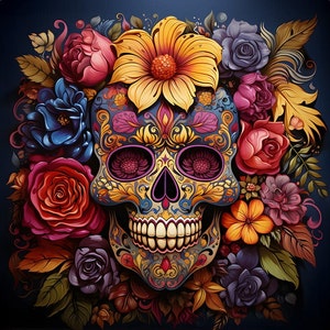 May include: A colorful sugar skull with intricate floral designs surrounded by a variety of flowers, including roses, daisies, and bluebells. The skull is decorated with pink, yellow, and blue accents.