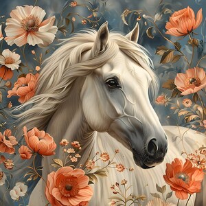 Peut inclure: Un cheval blanc à la crinière flottante et à l'expression douce et gentille. Le cheval est entouré de diverses fleurs orange et blanches, créant une scène magnifique et fantaisiste.
