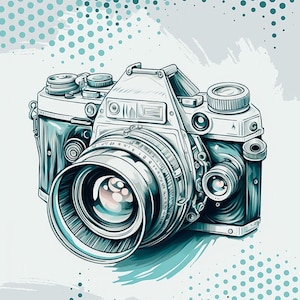 May include: A vintage-style camera with a large lens and a silver body. The camera is drawn in a detailed, realistic style with a blue and white color scheme.