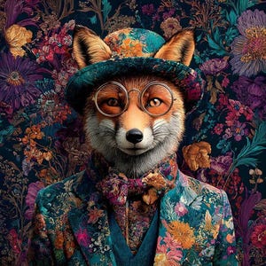 Könnte beinhalten: Eine skurrile Illustration eines Fuchses in einem Anzug, Hut und Fliege mit Blumenmuster und runder Brille. Der Hintergrund ist ein dunkles Blumenmuster mit leuchtenden Farben, das ein auffälliges, künstlerisches Bild erzeugt.