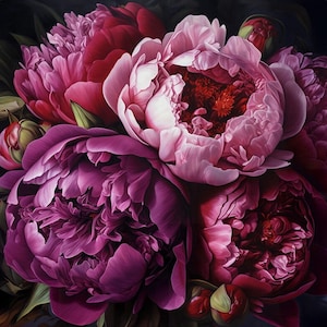 Può includere: Un primo piano di un bouquet di peonie rosa e viola. I fiori sono in piena fioritura e hanno una consistenza morbida e vellutata. I petali sono disposti a spirale, creando un senso di movimento ed energia.