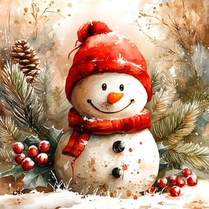 Può includere: Illustrazione ad acquerello di un pupazzo di neve con cappello e sciarpa rossi. Il pupazzo di neve ha un naso a carota, occhi di carbone e una bocca sorridente. Lo sfondo presenta aghi di pino, bacche e una pigna, evocando un tema di festa invernale.