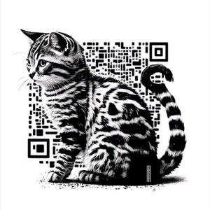 Op de afbeelding: Zwart-witte illustratie van een tabbykat die voor een QR-code zit.