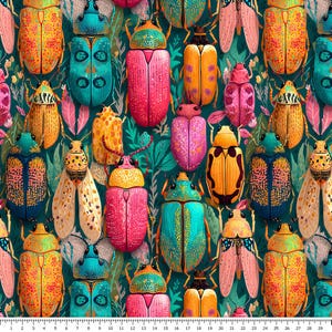 Puede incluir: Un patrón repetitivo de varios escarabajos en colores vibrantes que incluyen verde azulado, magenta, amarillo y naranja, intercalados con follaje verde. Una regla en la parte inferior muestra medidas en centímetros de 0 a 29 a lo ancho de la tela.