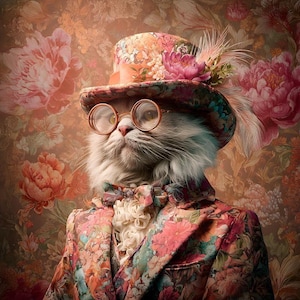 Op de afbeelding: Een grillig portret van een kat gekleed in een pak met bloemenpatroon, hoed en ronde bril. De kleding van de kat heeft roze, oranje en groene bloemenmotieven. De achtergrond is een bloemenpatroon in vergelijkbare kleuren.