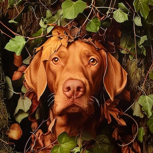 Può includere: Un cane marrone con orecchie floppy è parzialmente nascosto in un letto di foglie verdi e foglie autunnali marroni.