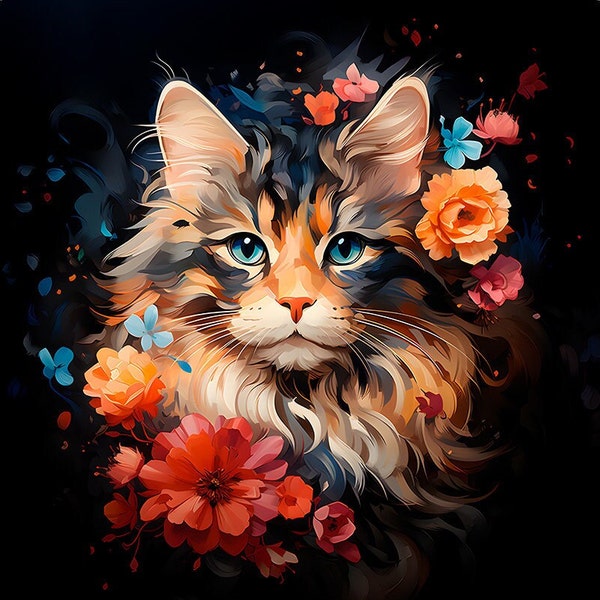 Chat en Fleurs - Panneau de Velours - Tissu 47x47cm / 18.5"x18.5" pour taie d'oreiller