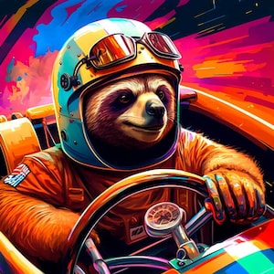 May include: A sloth wearing a blue and yellow helmet with goggles, driving a bright orange race car. The car has a black steering wheel and a silver gauge.