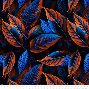 May include: A seamless pattern featuring overlapping blue and orange leaves with a speckled pattern. The leaves are arranged in a random pattern and create a vibrant and tropical feel.