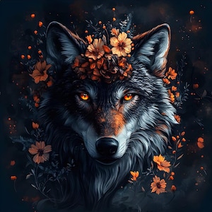 May include: A close-up of a wolf's face with a crown of orange flowers. The wolf has piercing yellow eyes and a dark gray and brown coat. The background is a dark blue with a few white dots.