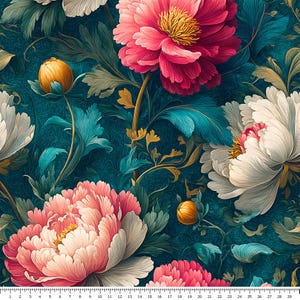Peut inclure: Motif floral détaillé avec de grandes pivoines roses, blanches et jaunes sur un fond bleu canard foncé. Le motif comprend des feuilles turquoise et des tiges dorées, créant un aspect riche et texturé. L'image a une ambiance vintage et botanique.