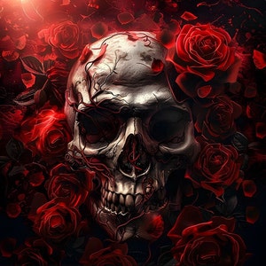 Peut inclure: Un crâne humain avec des veines complexes, entouré d'un lit de roses rouges. Le crâne est rendu dans un style réaliste, avec une structure osseuse détaillée et un fond sombre et ombragé.