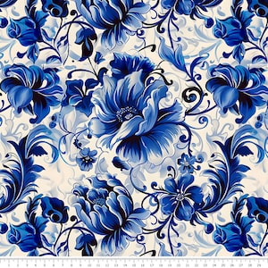 May include: A seamless pattern featuring blue and white floral designs on a cream background. The pattern includes stylized flowers, leaves, and swirls.