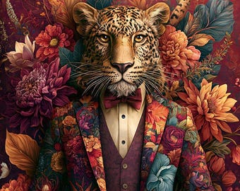 Eleganter Leopard im Anzug – Samtbezug – Stoff für einen Kissenbezug – verschiedene Größen
