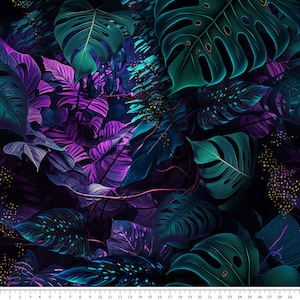 Green and purple monstera leaves - Jersey Cotton fabric