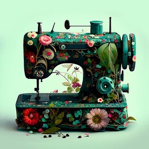Peut inclure: Une machine à coudre vintage turquoise avec un motif floral. La machine est recouverte de fleurs et de feuilles, ce qui lui donne un aspect fantaisiste et romantique.