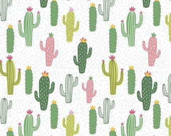 May include: A seamless pattern featuring various cacti in shades of green, pink, and yellow. The cacti are drawn in a simple, cartoon style with different shapes and sizes. The background is white with a subtle dotted pattern.