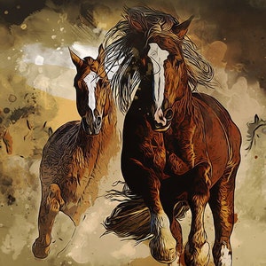 Może przedstawiać: Dwa brązowe konie z białymi znakami biegną przez pole brązowej trawy i białych chmur. Konie mają długie, płynące grzywy i ogony. Tło to akwarela w kolorze brązowym, białym i żółtym.