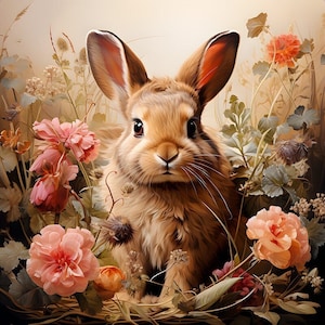 Może przedstawiać: Brązowy królik z długimi uszami siedzi na polu różowych i białych kwiatów. Królik patrzy prosto w kamerę.