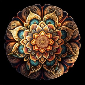 May include: A detailed mandala design with intricate patterns in shades of gold, teal, and brown. The centre of the mandala features a flower-like shape with multiple layers of petals.