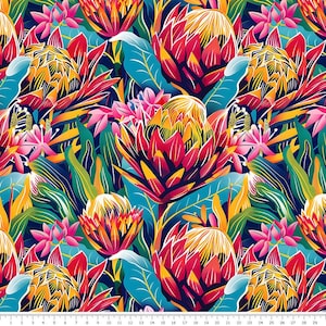 May include: A vibrant floral pattern featuring red, yellow, and blue protea flowers with green leaves on a dark blue background.