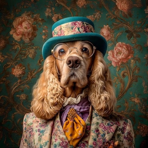Può includere: Un cane con un cappello a cilindro turchese con una fascia floreale, occhiali rotondi e un blazer a fantasia floreale. Il cane ha lunghi capelli ondulati marrone chiaro, su uno sfondo di carta da parati floreale.